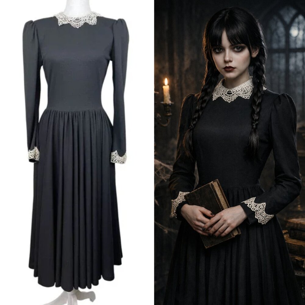 Vintage Wednesday Addams Style Dress 80s Lace Collar Dark Academia Gothic Sz 6